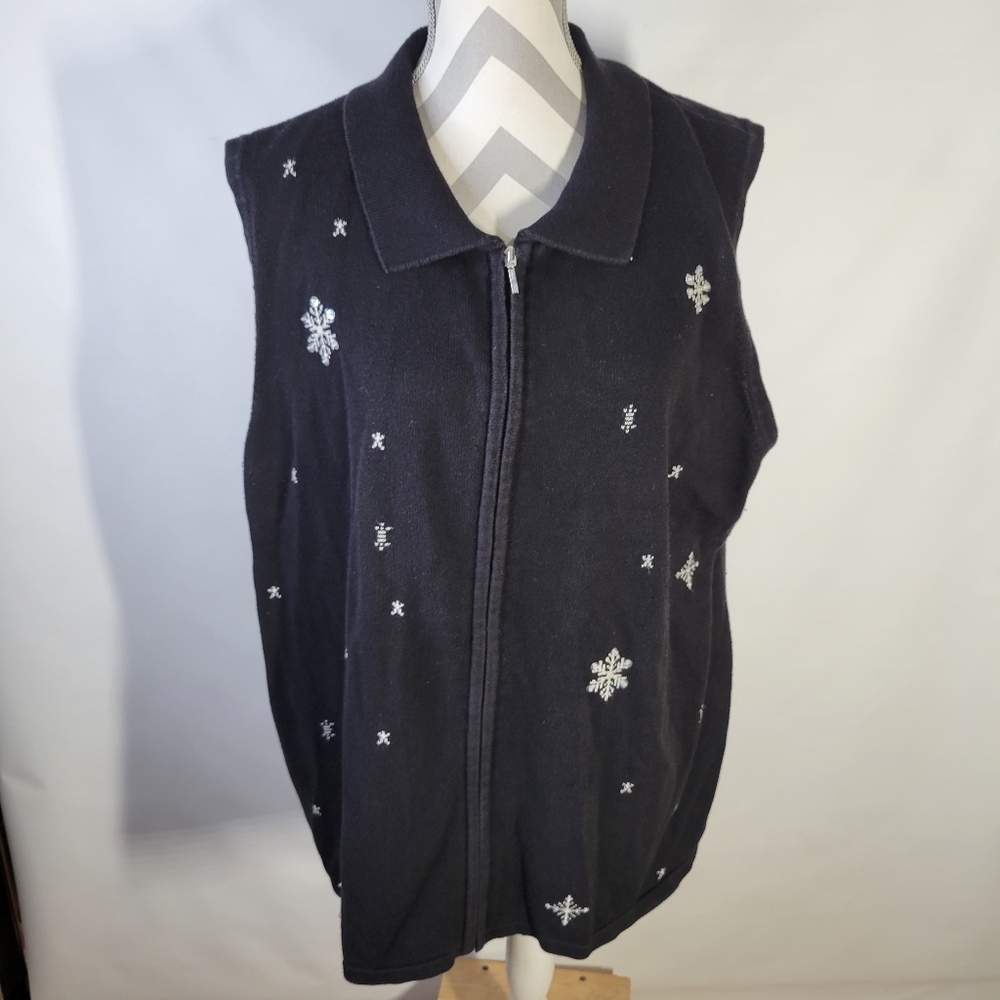 Allison Daley Black Sweater Vest Embroidered Snowflakes Zip Front Size 3X Winter